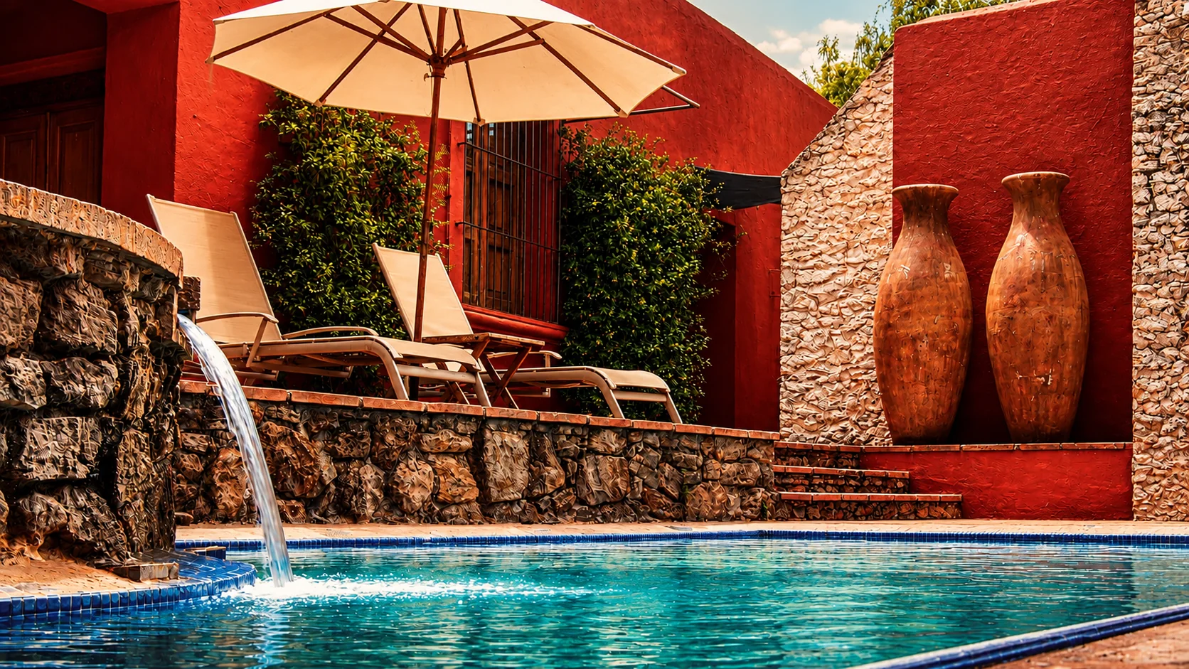 Arquitectura de hospitalidad con espejo de agua y detalles decorativos